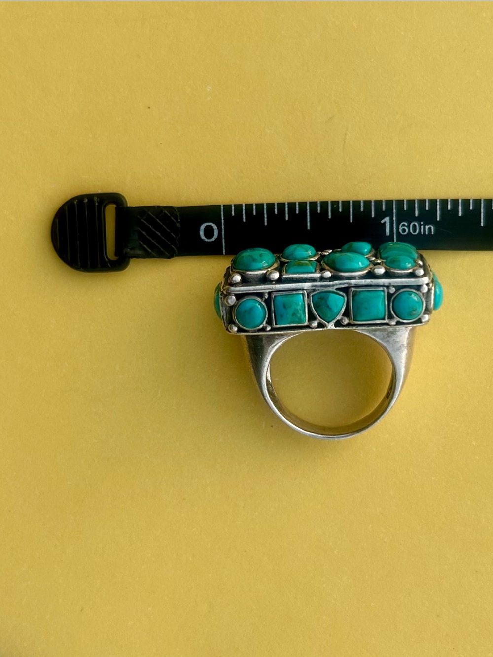WOW! Wide Rectangle Sterling Silver Turquoise Cluster Bar Ring Size 7.5 Vintage - Picture 7 of 10